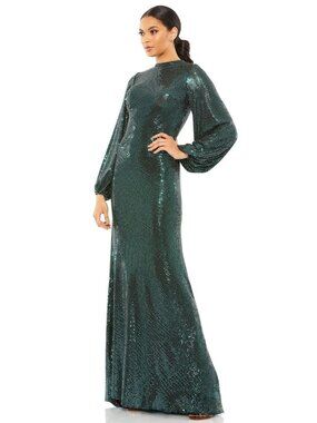 Mac Duggal Size 4 26576 Green Disco Sequin Stretch Blouson Sleeve Gown Dress NWT